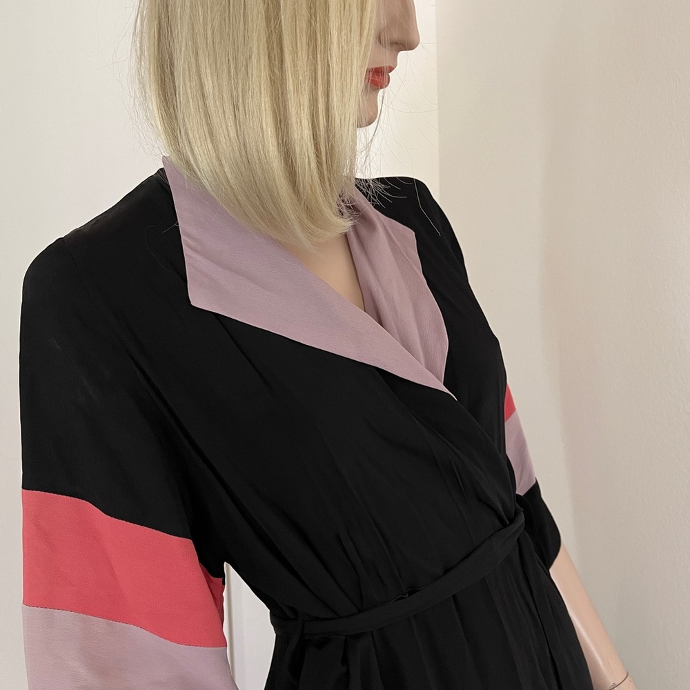 Vintage 40s Saybury Robe Dressing Gown Tricolor Black Peachy Coral Lavender S